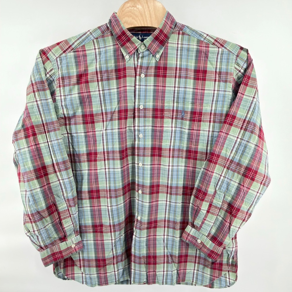 Ralph Lauren Button Front Mens XL Red Green Blue White Plaid McMeel Cotton Shirt